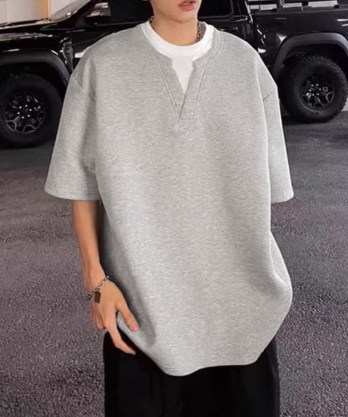 半袖Tシャツ メンズ 重ね着風カットソー スキッパーTシャツ クルーネック夏服 カジュアル 無地tシャツ 夏t レイヤード風プルオーバー おしゃれサマーtシャツ黒 87MP-005